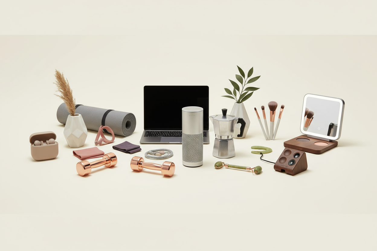 “Modern e-commerce hero image showing a variety of trending products like gadgets, home decor, fitness accessories, and beauty tools arranged on a bright background — minimal design, neutral tones, professional lighting, modern online store aesthetic.”